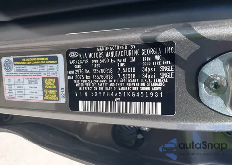 2019 Kia Sorento 3.3L Ex из США, поврежденный, VIN 5XYPH4A51KG451931